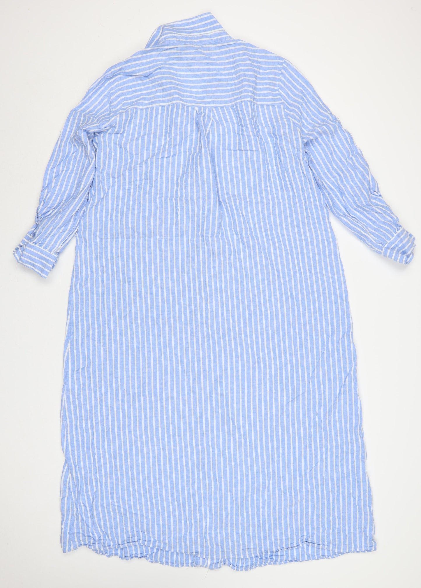 Zara Women Blue White Striped XL Long Linen Shirt Dress Collared
