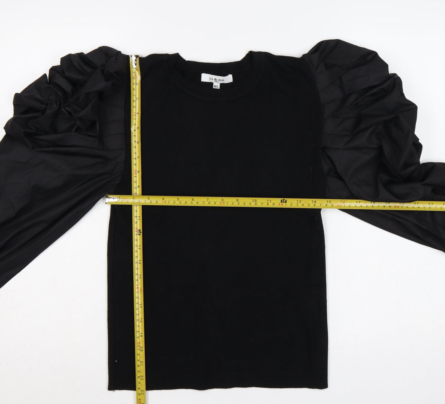 Yu & Me Paris Women Black M Ruffle Balloon Sleeve Knit Jumper