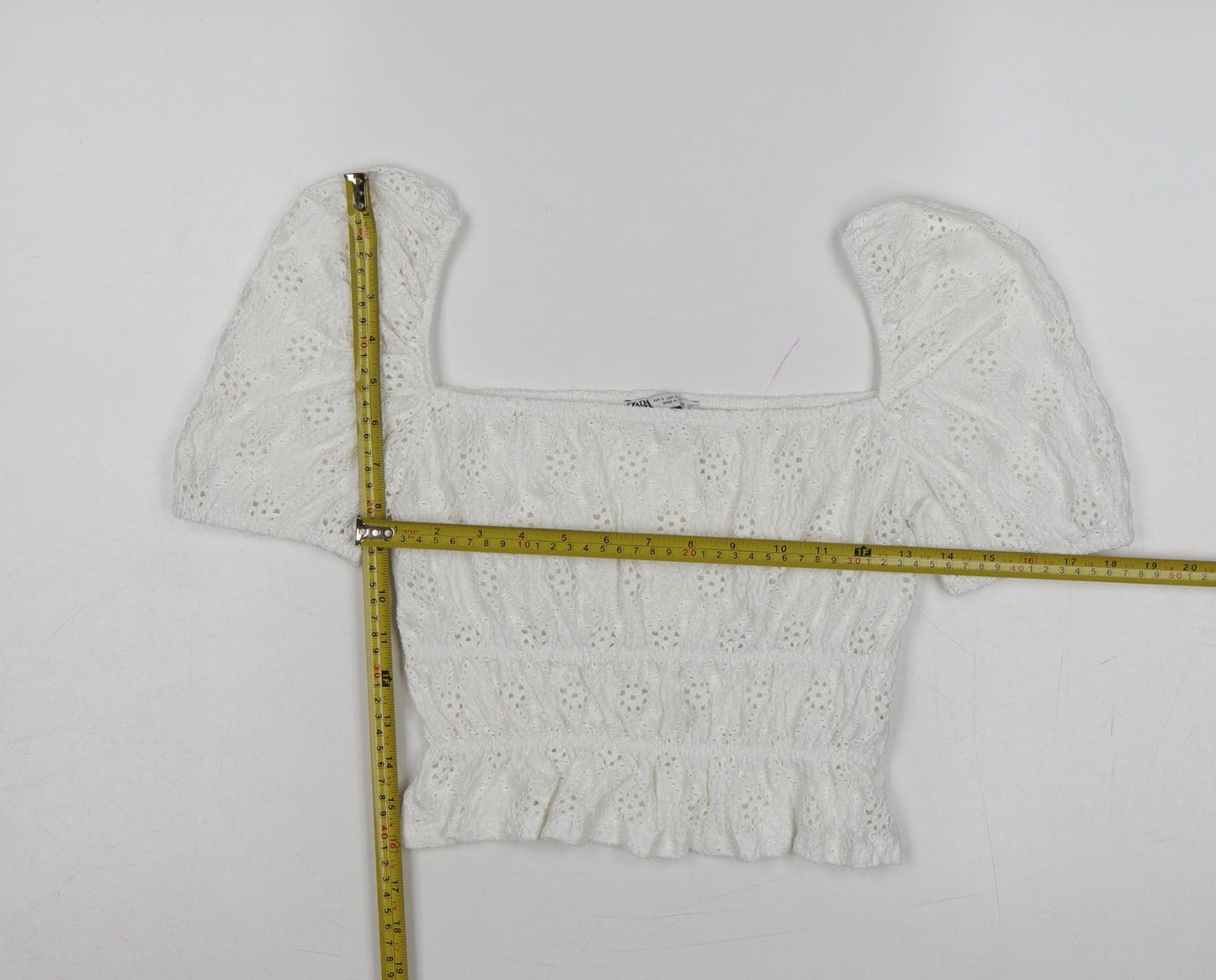 Zara Women Ivory S Cropped Puff Sleeve Square Neck Eyelet Blouse