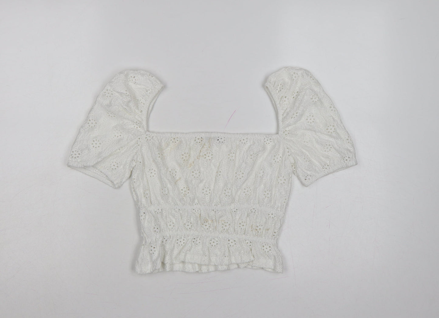 Zara Women Ivory S Cropped Puff Sleeve Square Neck Eyelet Blouse