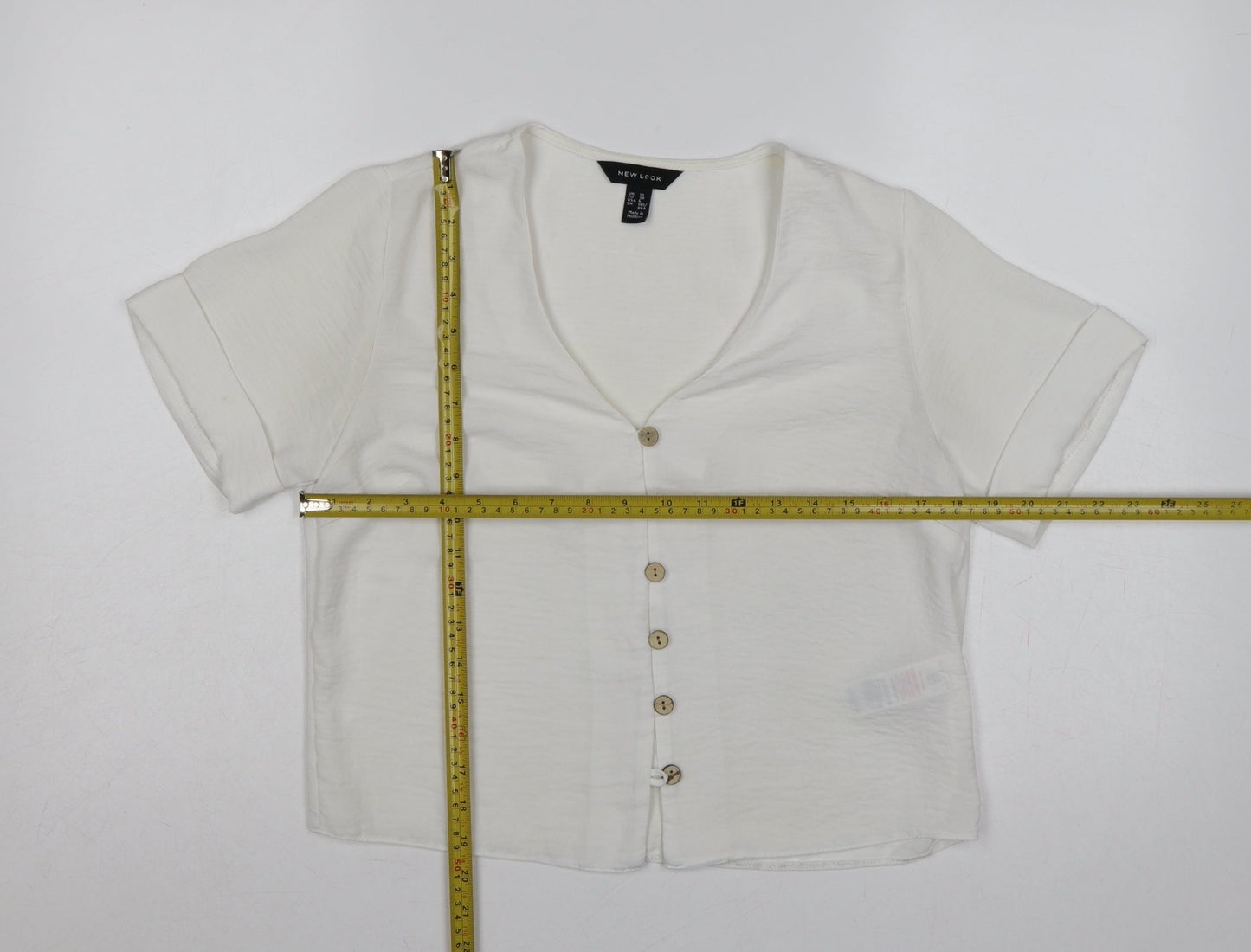 New Look Women White UK 10 V-Neck Button Front Short Sleeve Blouse