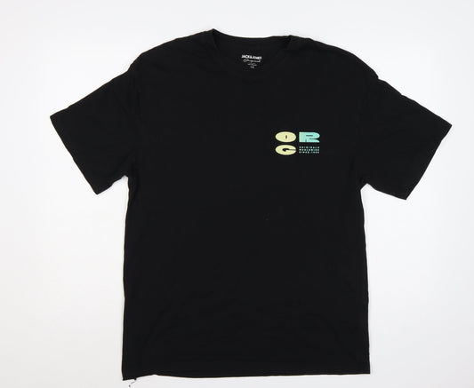 Jack & Jones Men Black L Graphic Print Crew Neck T-Shirt