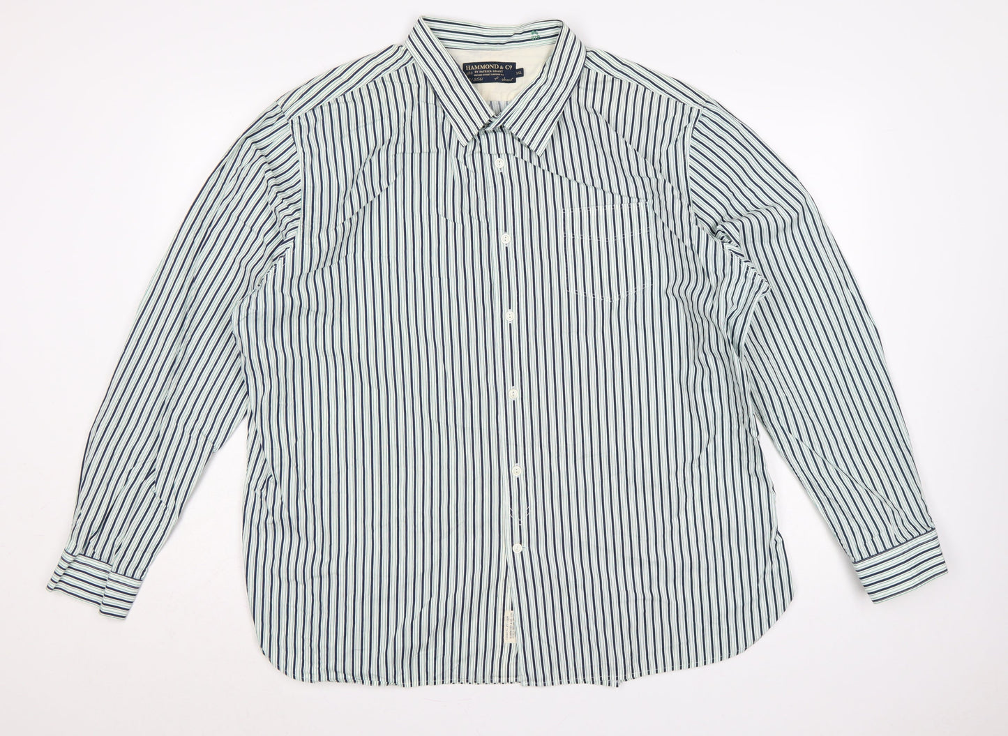 Hammond & Co Men’s White Navy Green Stripe Cotton Shirt 2XL