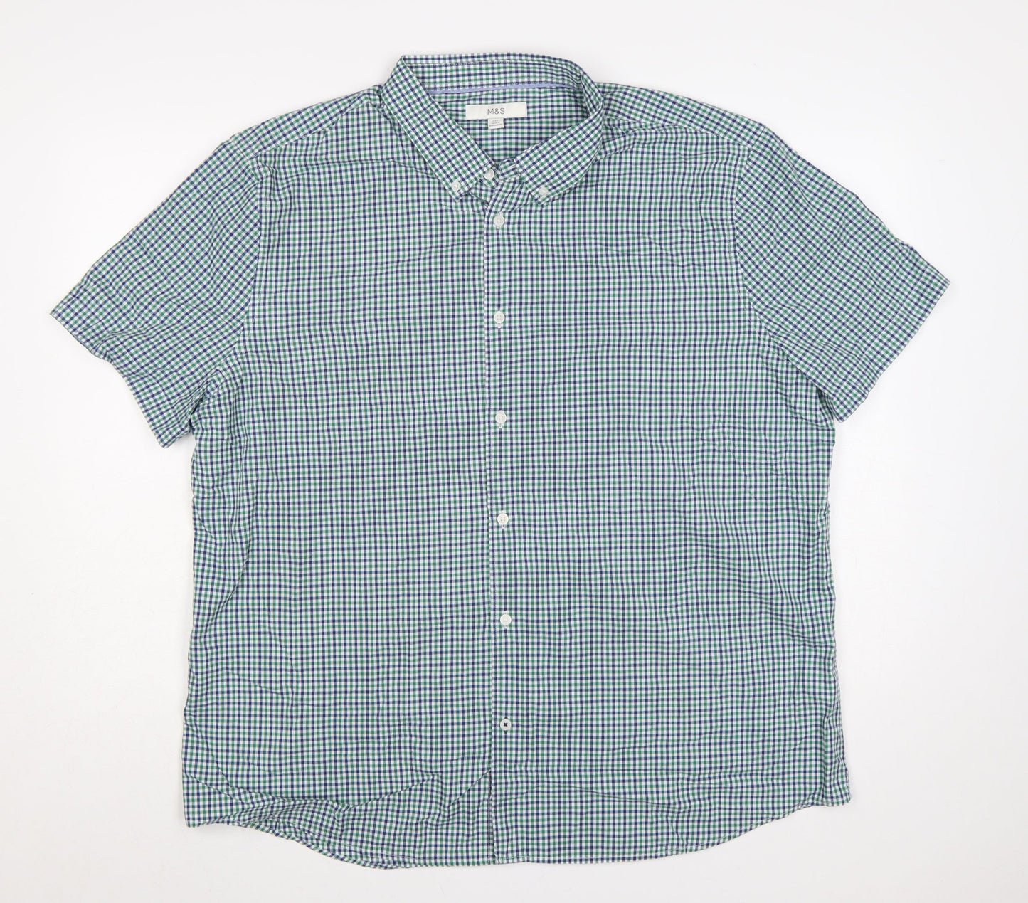 Marks & Spencer Men’s Green Blue Check 2XL Button-Down Short Sleeve Shirt