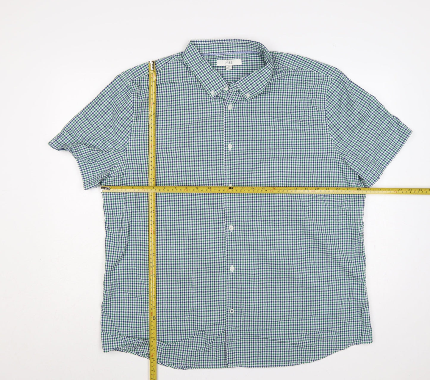 Marks & Spencer Men’s Green Blue Check 2XL Button-Down Short Sleeve Shirt