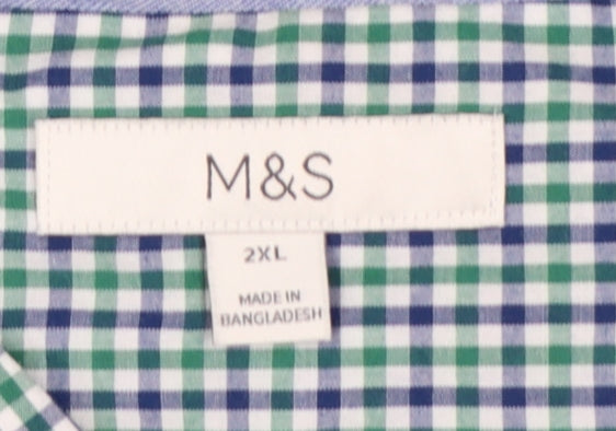 Marks & Spencer Men’s Green Blue Check 2XL Button-Down Short Sleeve Shirt