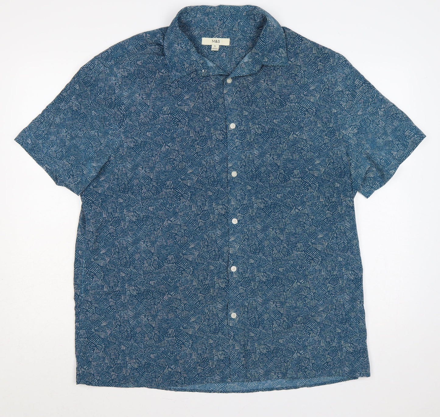 Marks and Spencer Men's Blue XL Geometric Short Sleeve Button-Up Shirt