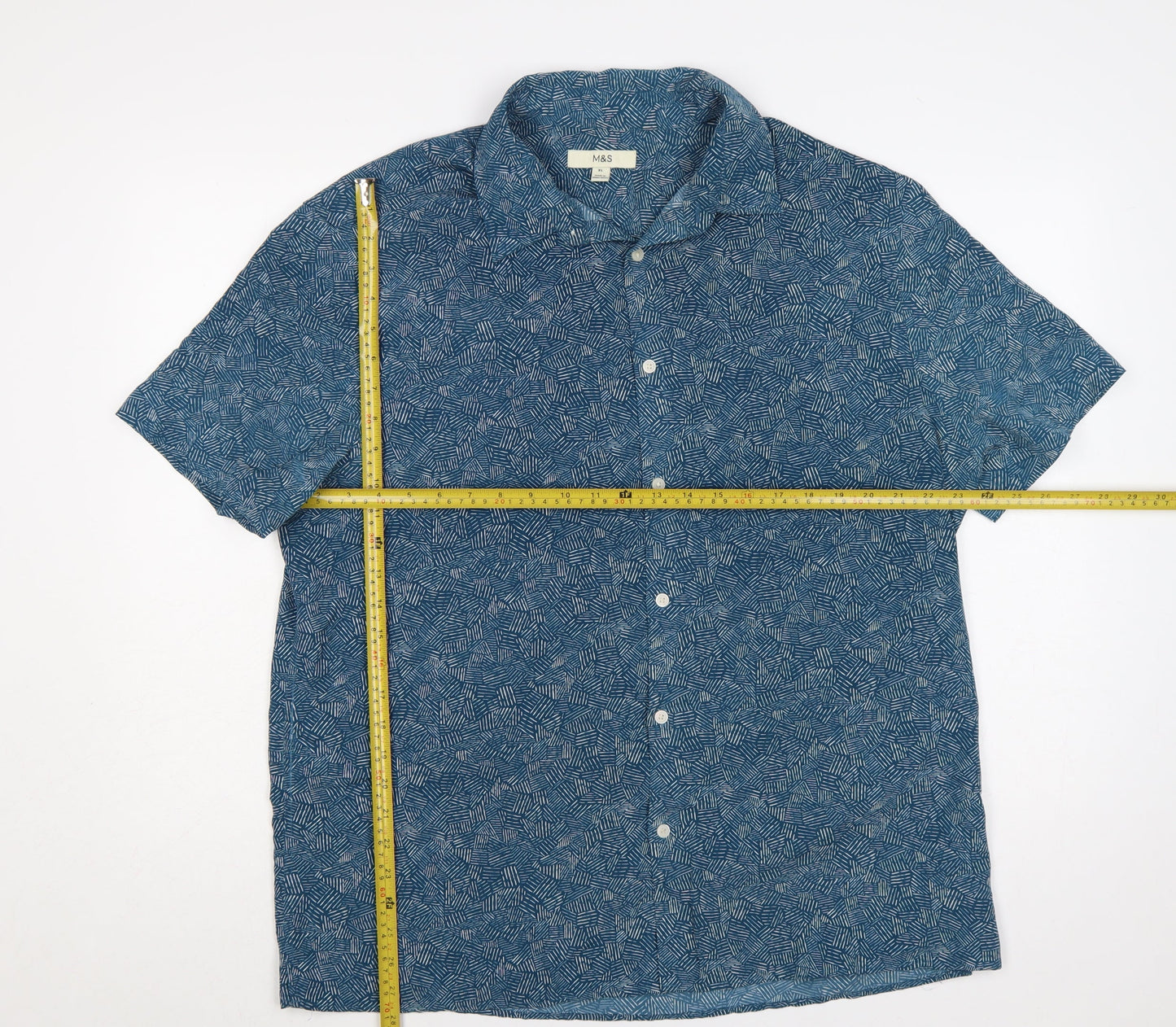 Marks and Spencer Men's Blue XL Geometric Short Sleeve Button-Up Shirt