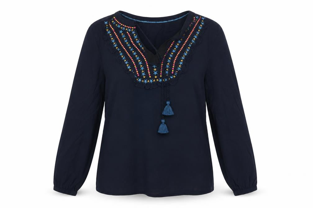 Boden Women Blue UK 14 Embroidered Tassel V-Neck Long Sleeve Blouse