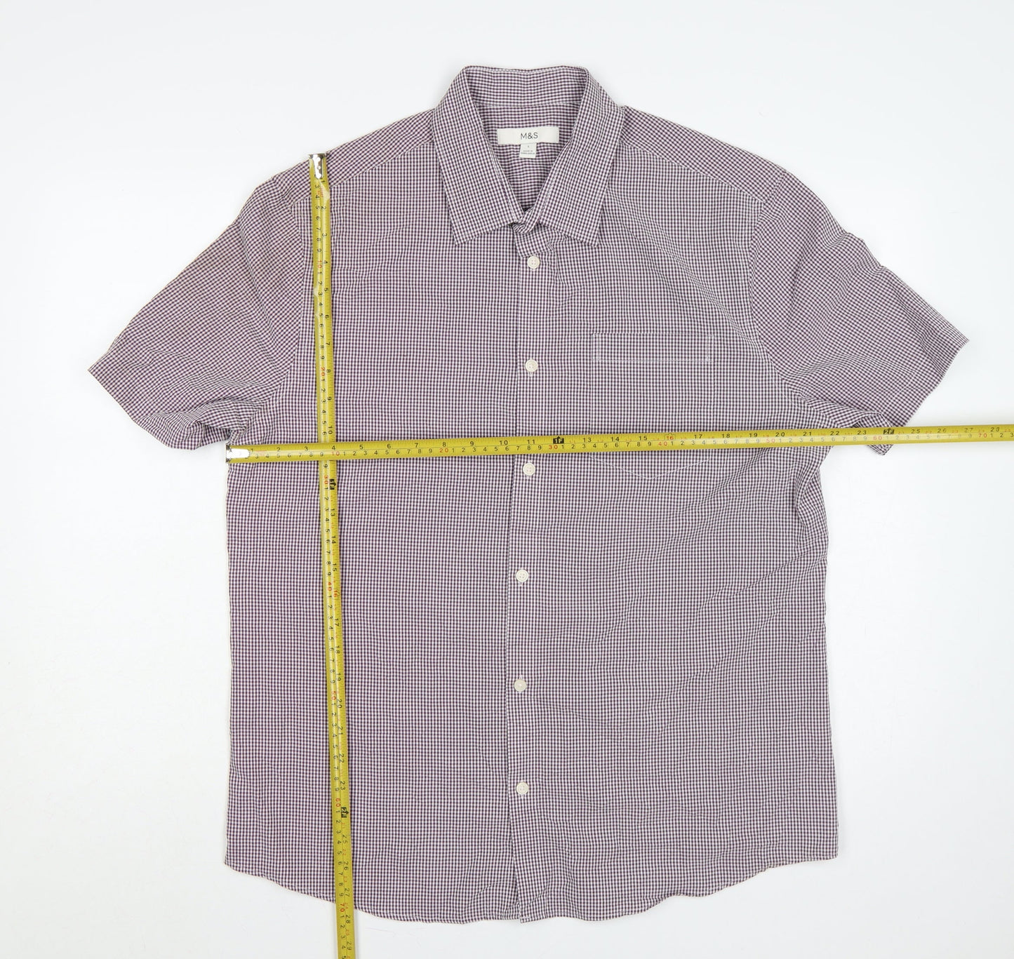 Marks and Spencer Men's Red Check L Short Sleeve Button-Up Shirt