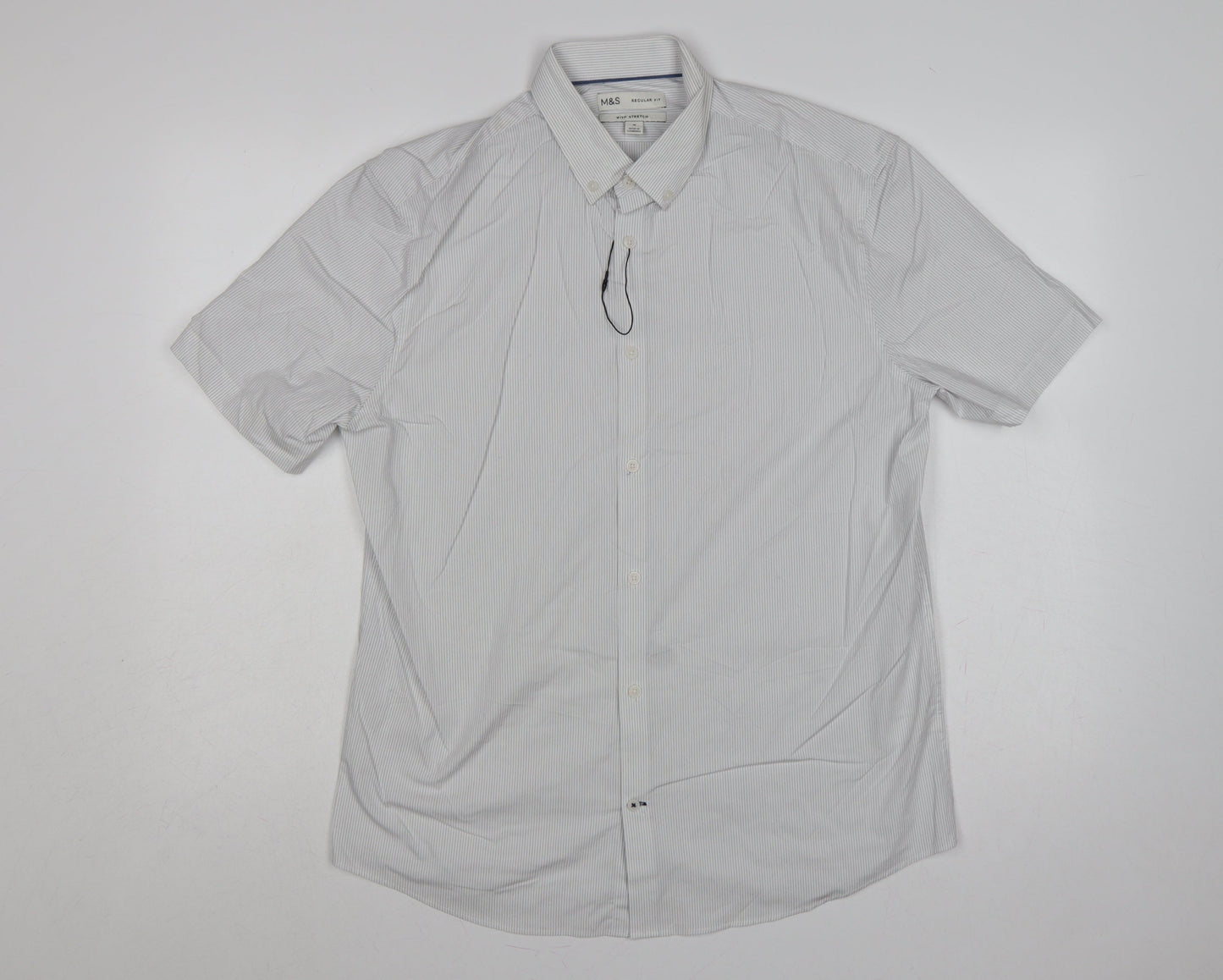 Marks & Spencer Men White Striped M Regular Fit Stretch Button-Up Shirt