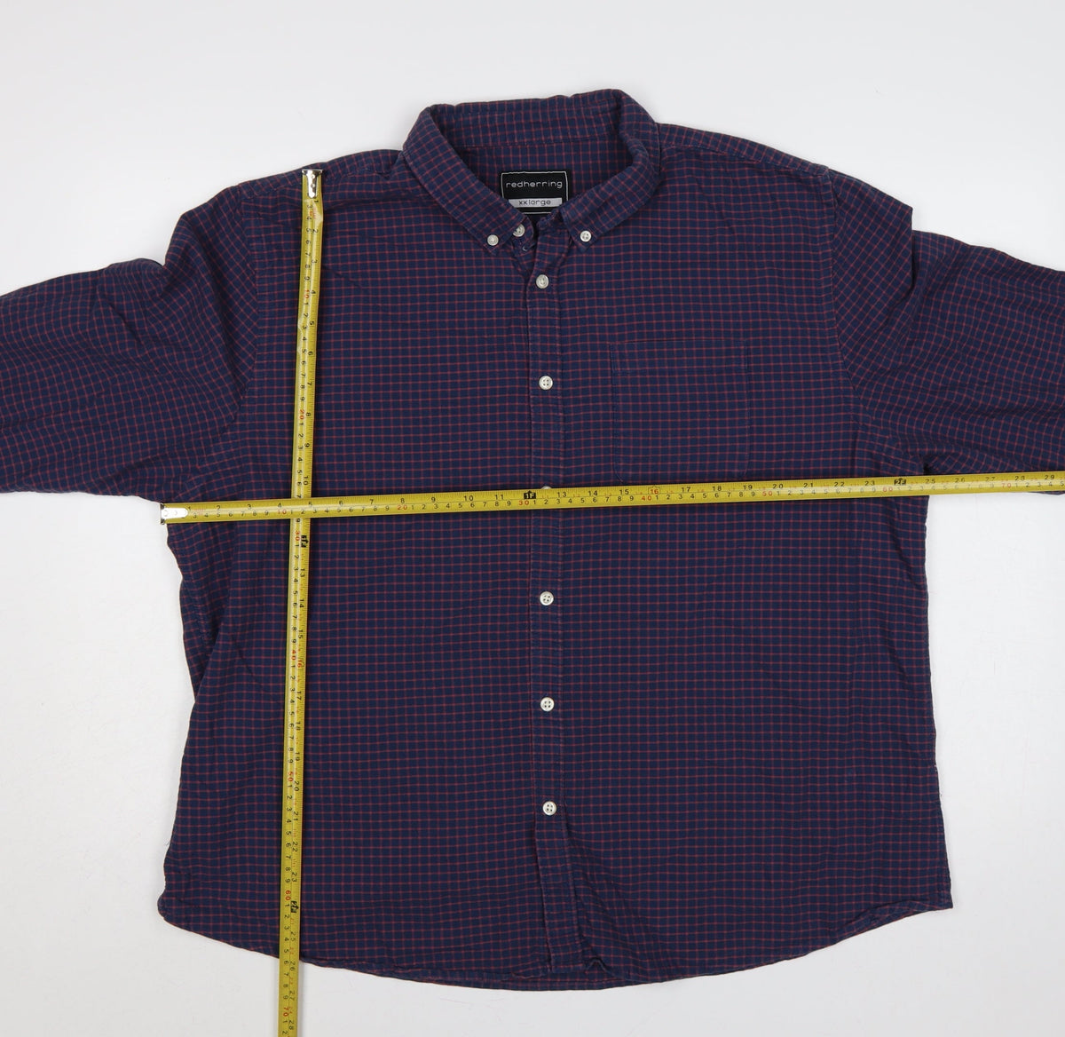 Close-up detail of Red Herring Men’s Blue Red Check Button-Down Shirt 2XL Long Sleeve
