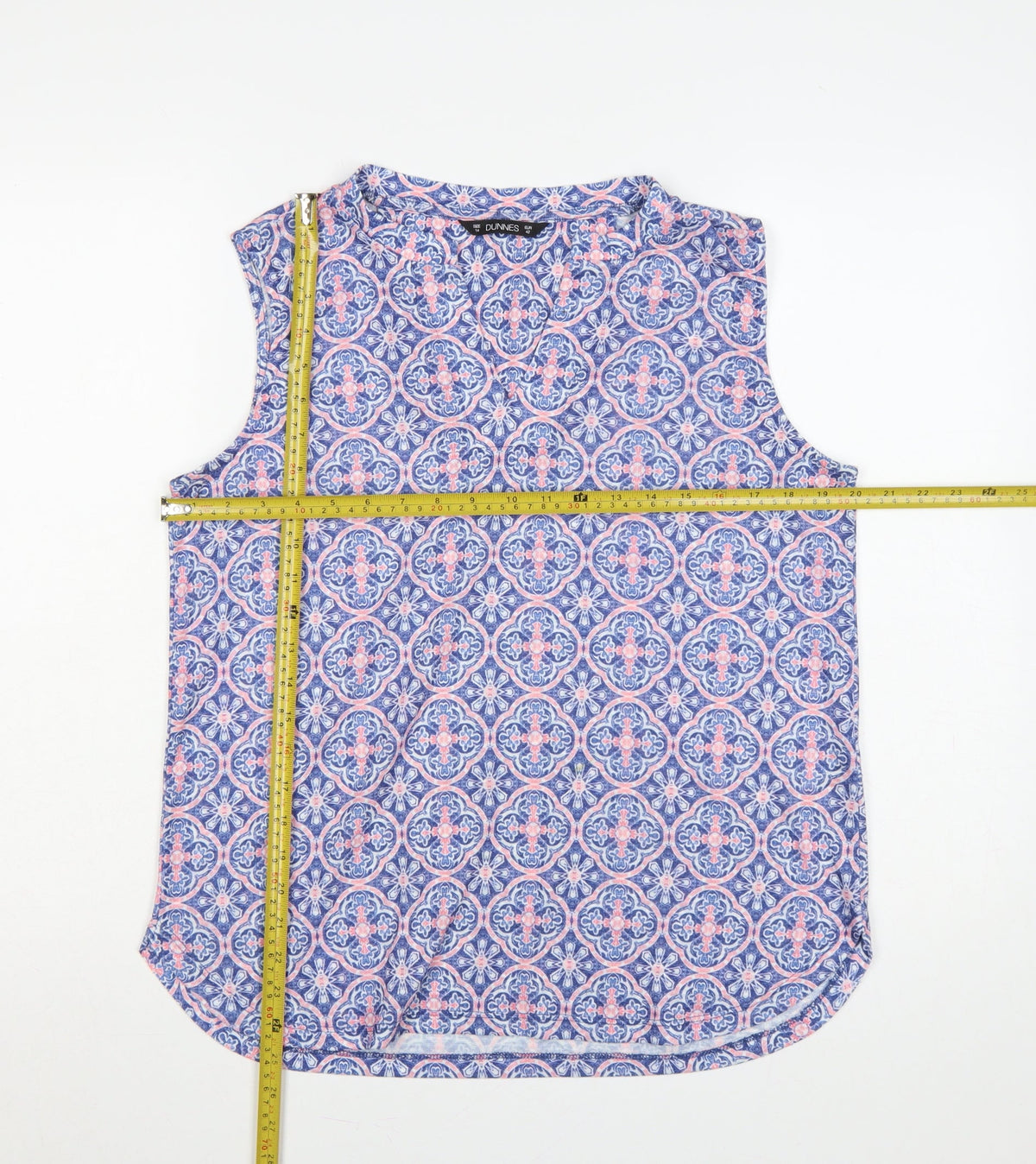 Back view of Dunnes Women’s Blue Pink Geometric Sleeveless Tank Top UK 14