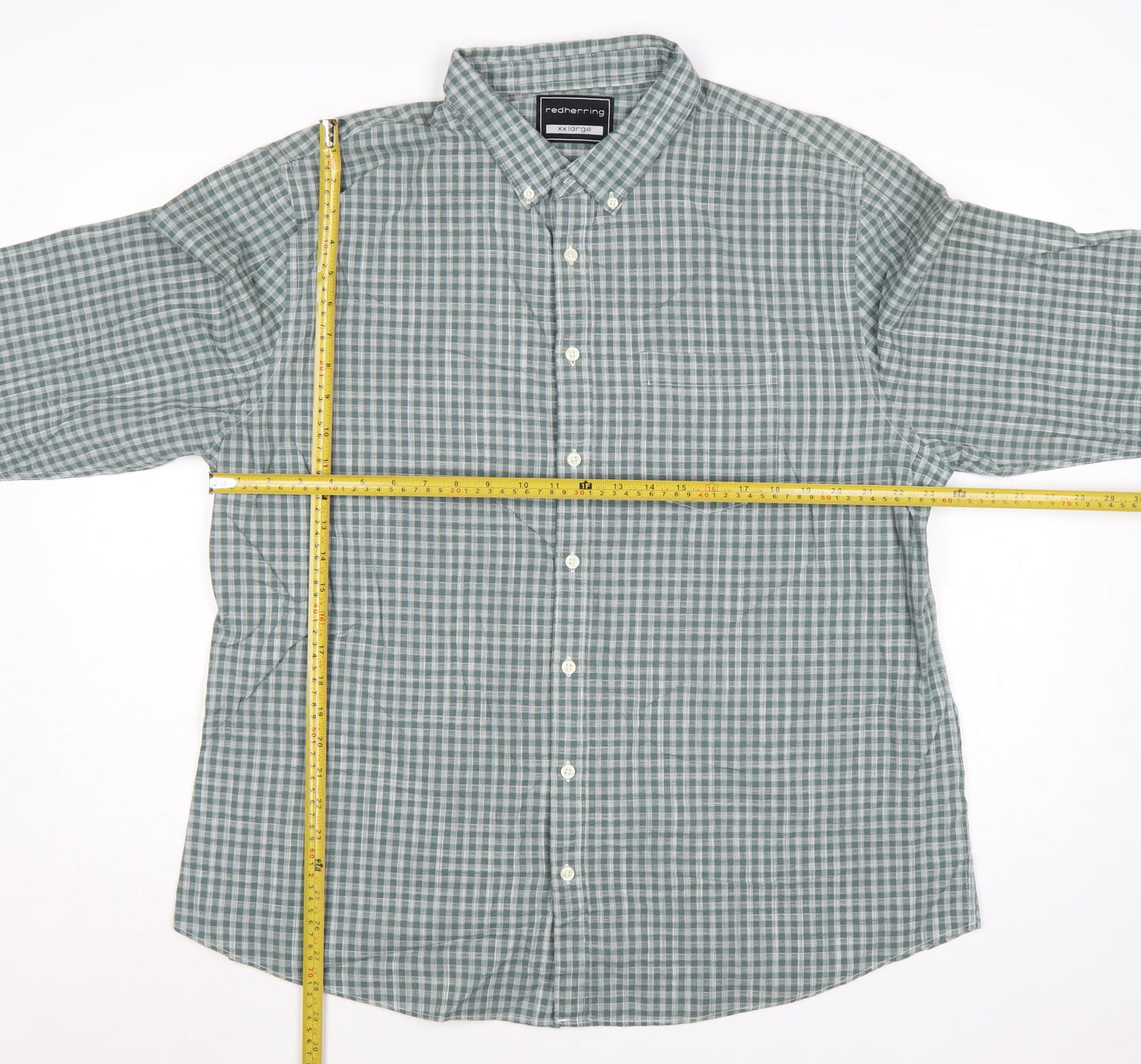 Red Herring Men’s Green Check Cotton Button-Down Shirt 2XL Long Sleeve