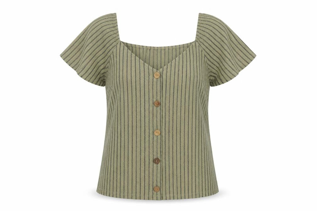 Dunnes Women Green M Striped Button Front Flutter Sleeve Blouse