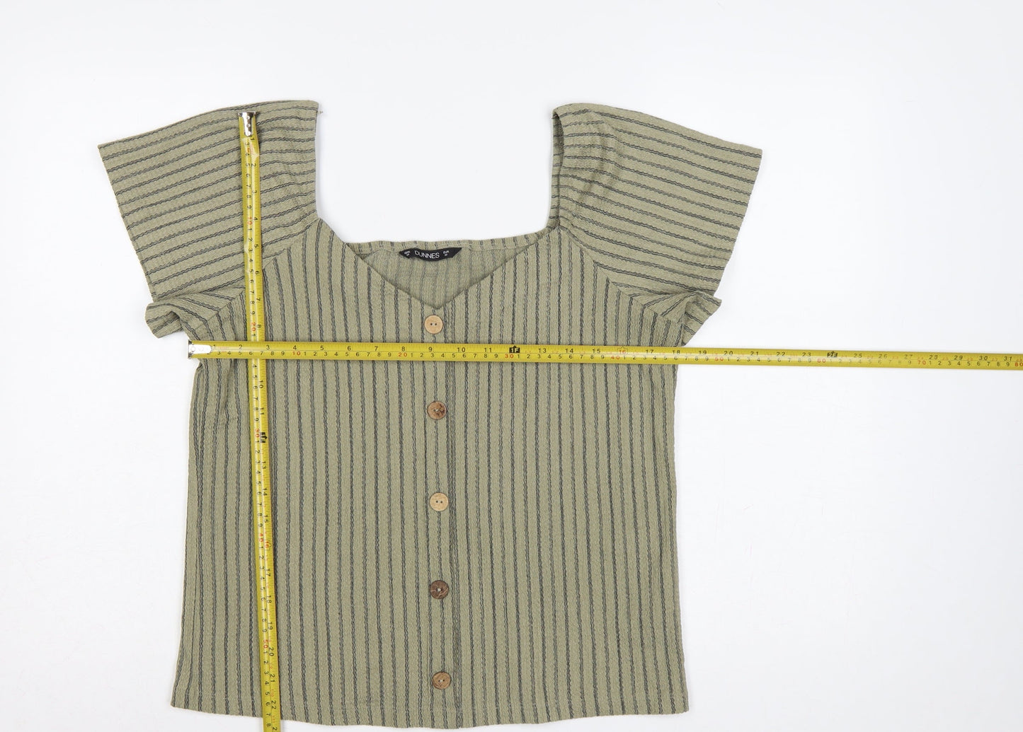 Dunnes Women Green M Striped Button Front Flutter Sleeve Blouse