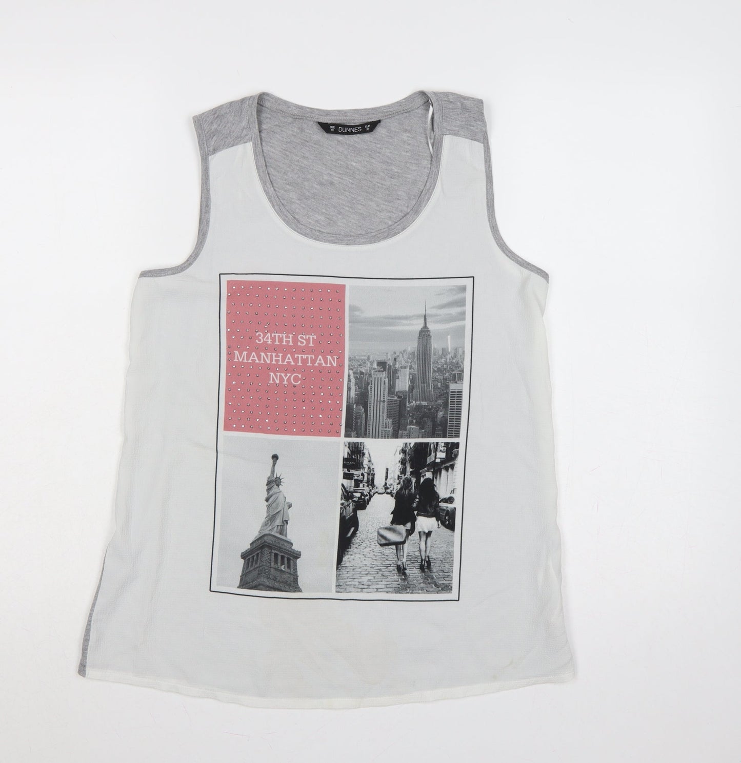 Dunnes Women White Grey NYC Rhinestone Basic Tank Top UK 10