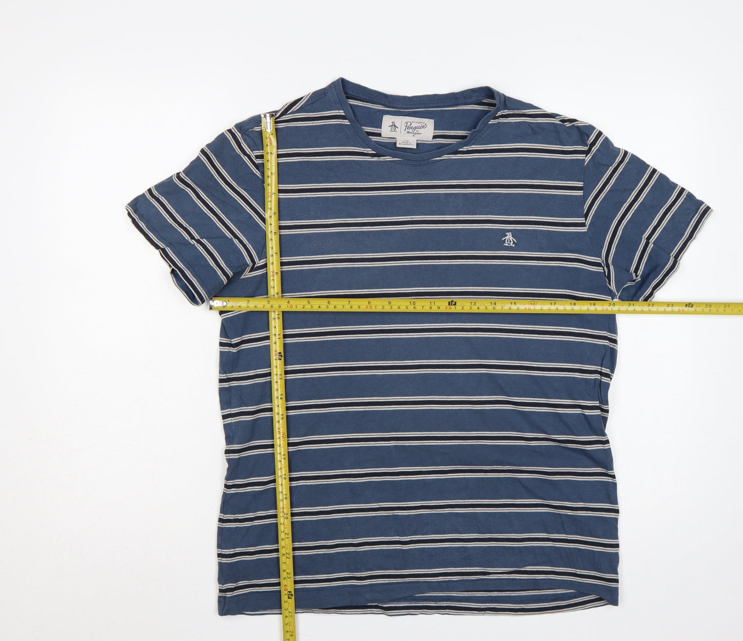 Original Penguin Men's Blue Striped Logo Crew Neck T-Shirt L