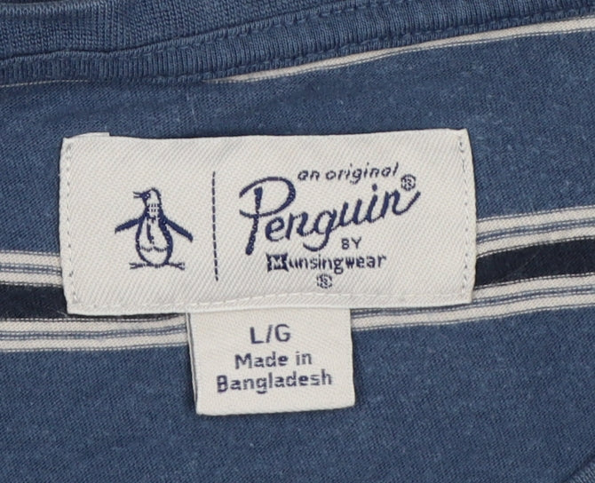 Original Penguin Men's Blue Striped Logo Crew Neck T-Shirt L