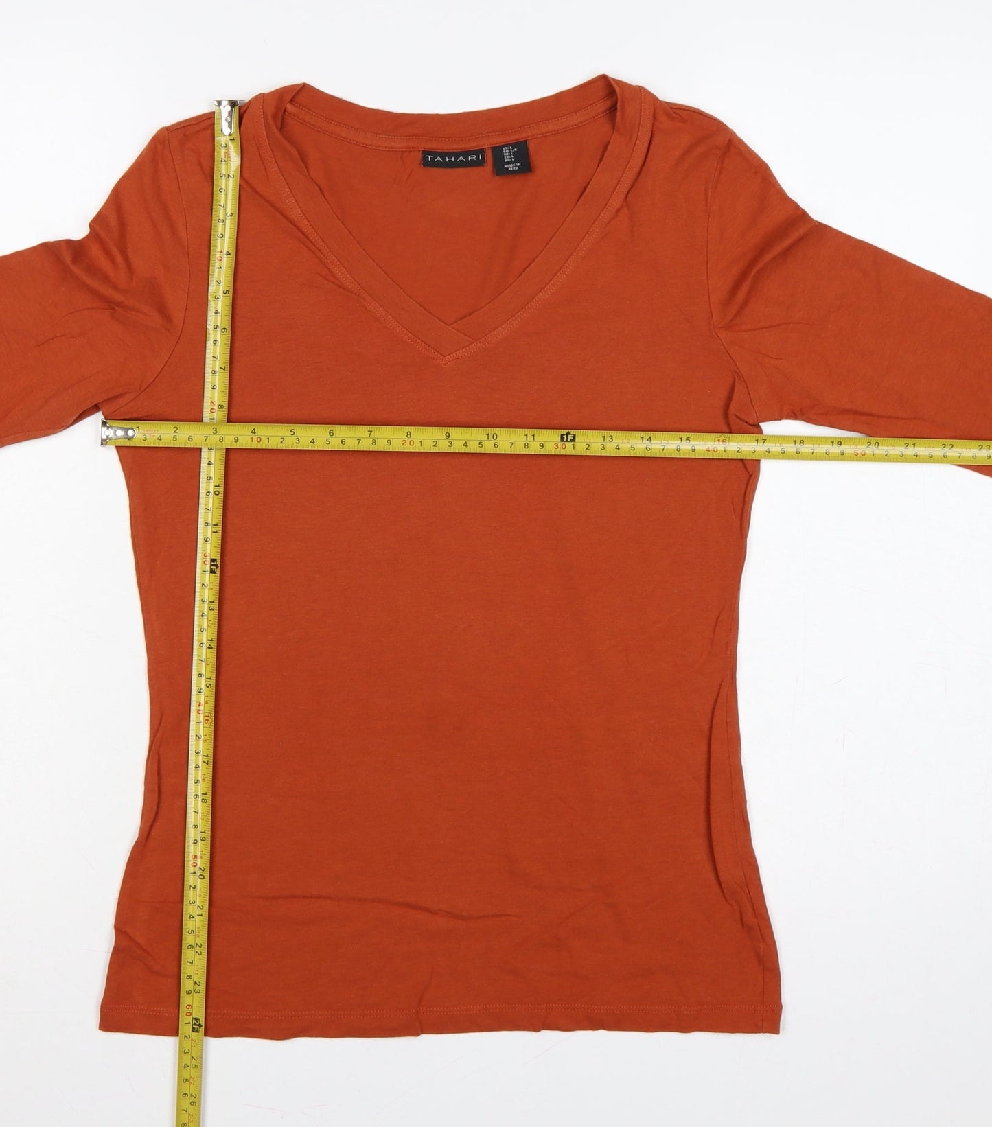 Tahari Women’s Orange UK L V-Neck 3/4 Sleeve Stretch Jersey Top
