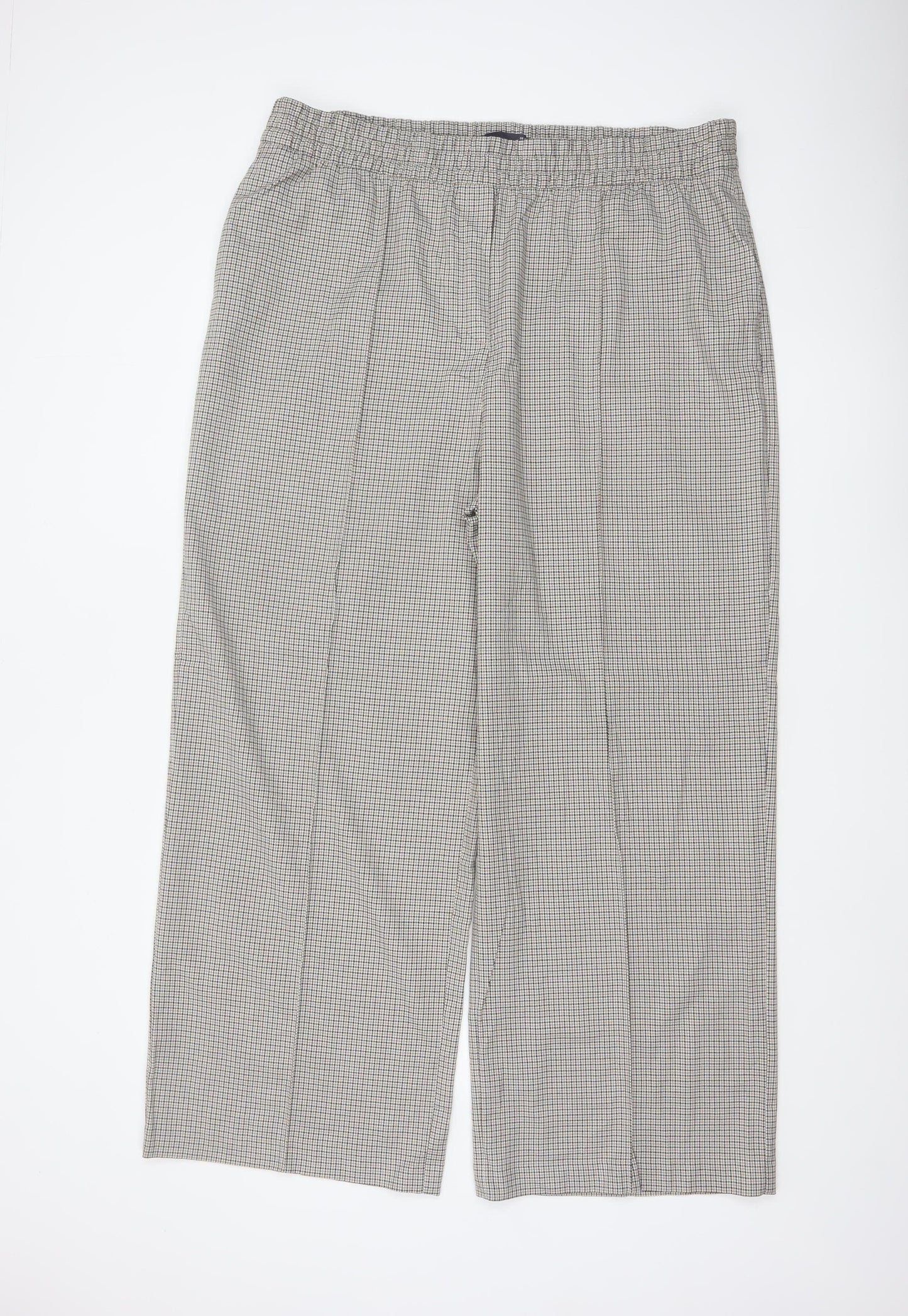 M&S Women's Beige Check Wide-Leg Trousers UK 20 Regular Elasticated