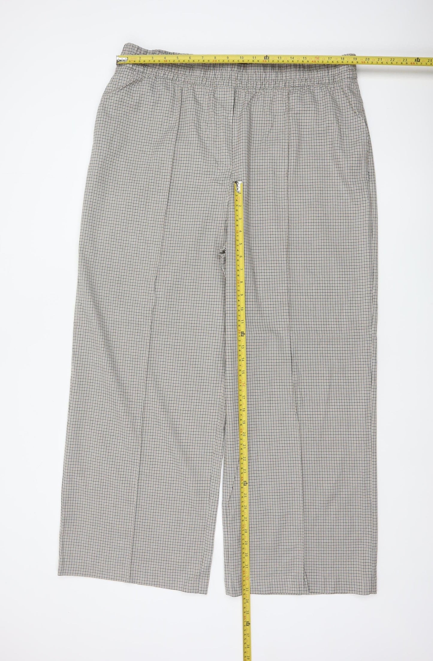 M&S Women's Beige Check Wide-Leg Trousers UK 20 Regular Elasticated