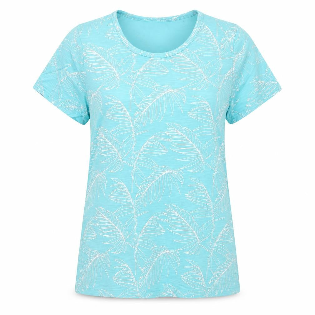 Anna Rose Women Blue M Tropical Leaf Jersey T-Shirt Scoop Neck