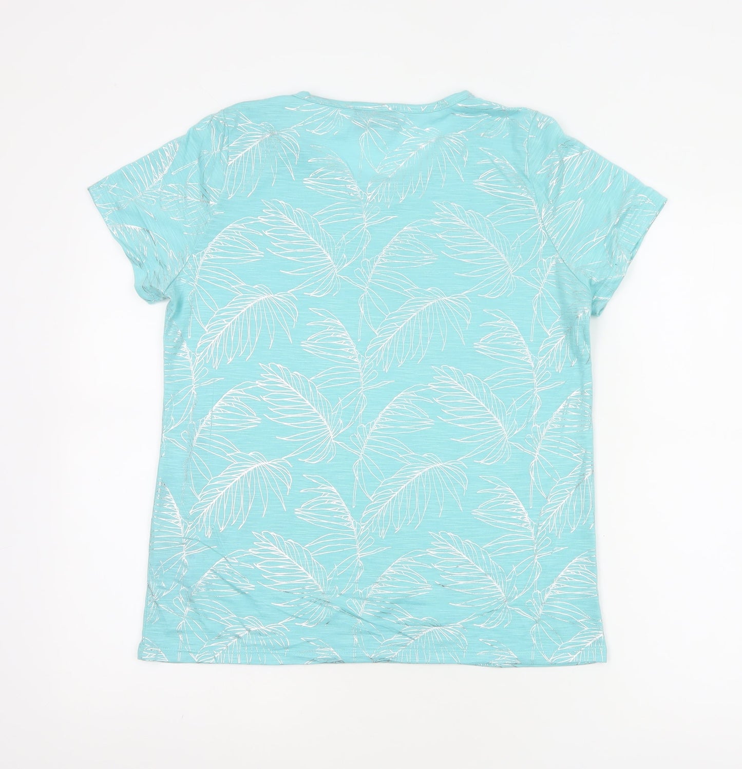Anna Rose Women Blue M Tropical Leaf Jersey T-Shirt Scoop Neck
