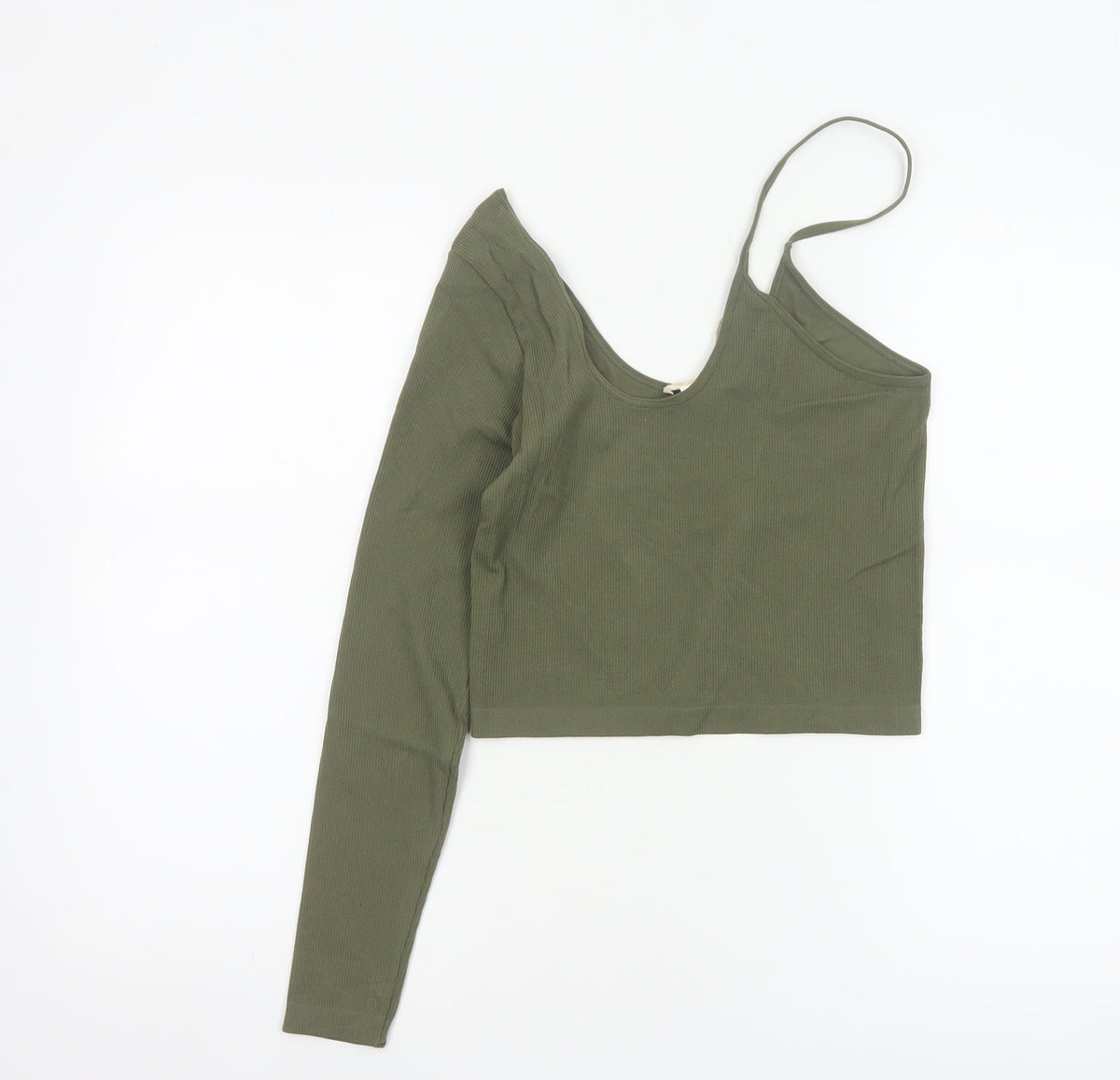 Stradivarius Women’s Green L Cropped Asymmetric Ribbed Long Sleeve Top