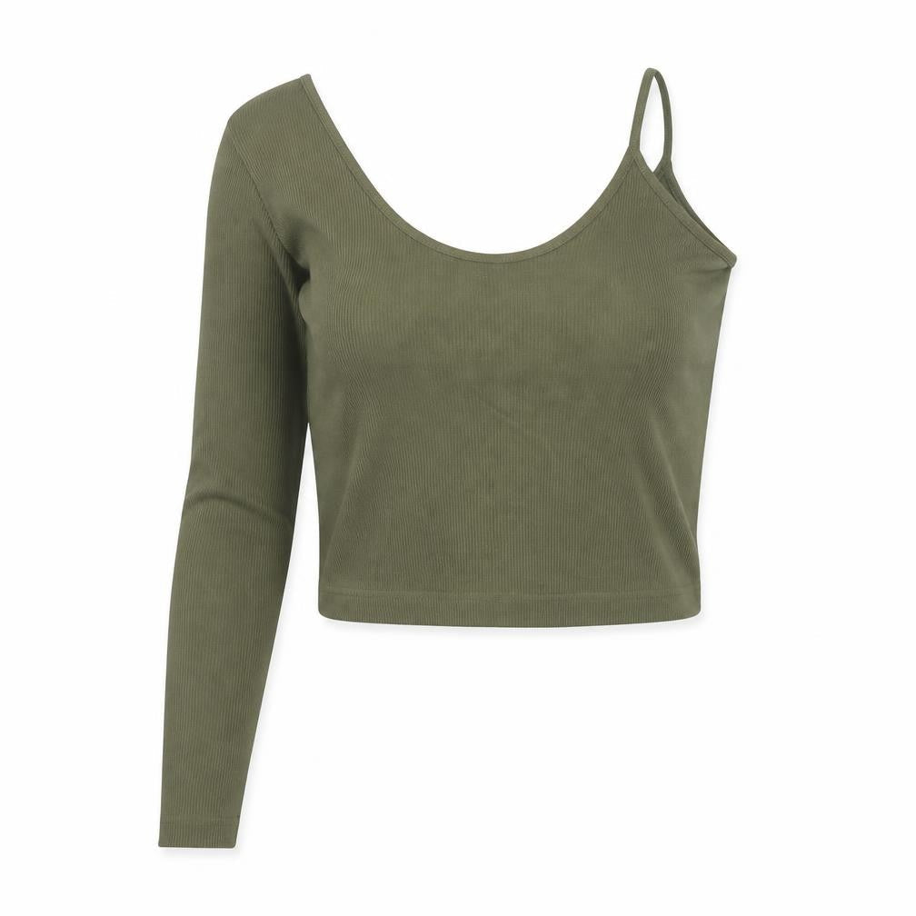 Stradivarius Women’s Green L Cropped Asymmetric Ribbed Long Sleeve Top
