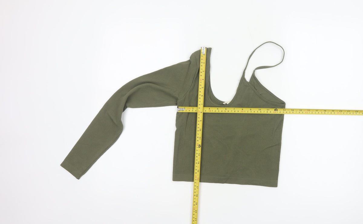 Stradivarius Women’s Green L Cropped Asymmetric Ribbed Long Sleeve Top