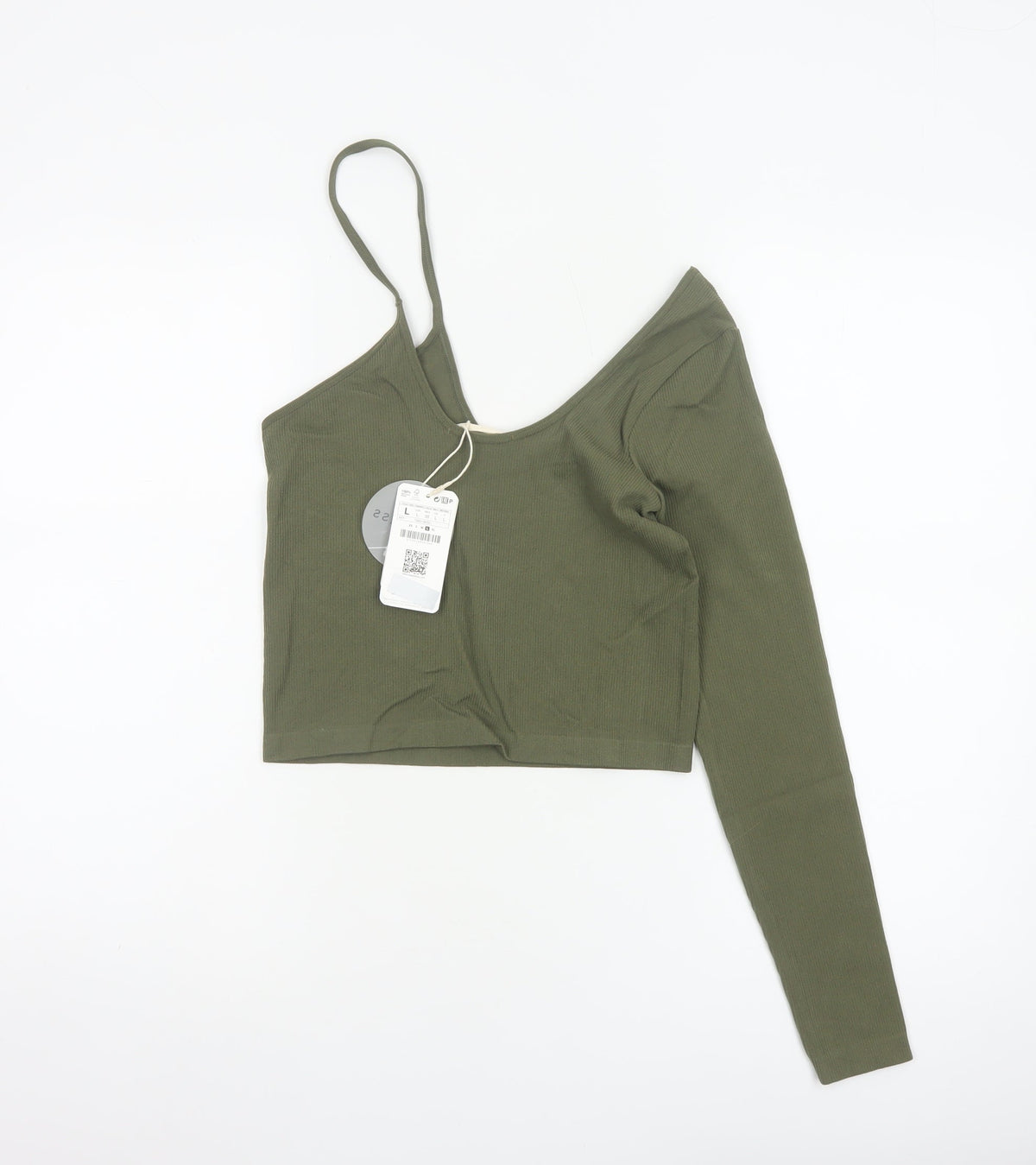 Stradivarius Women’s Green L Cropped Asymmetric Ribbed Long Sleeve Top