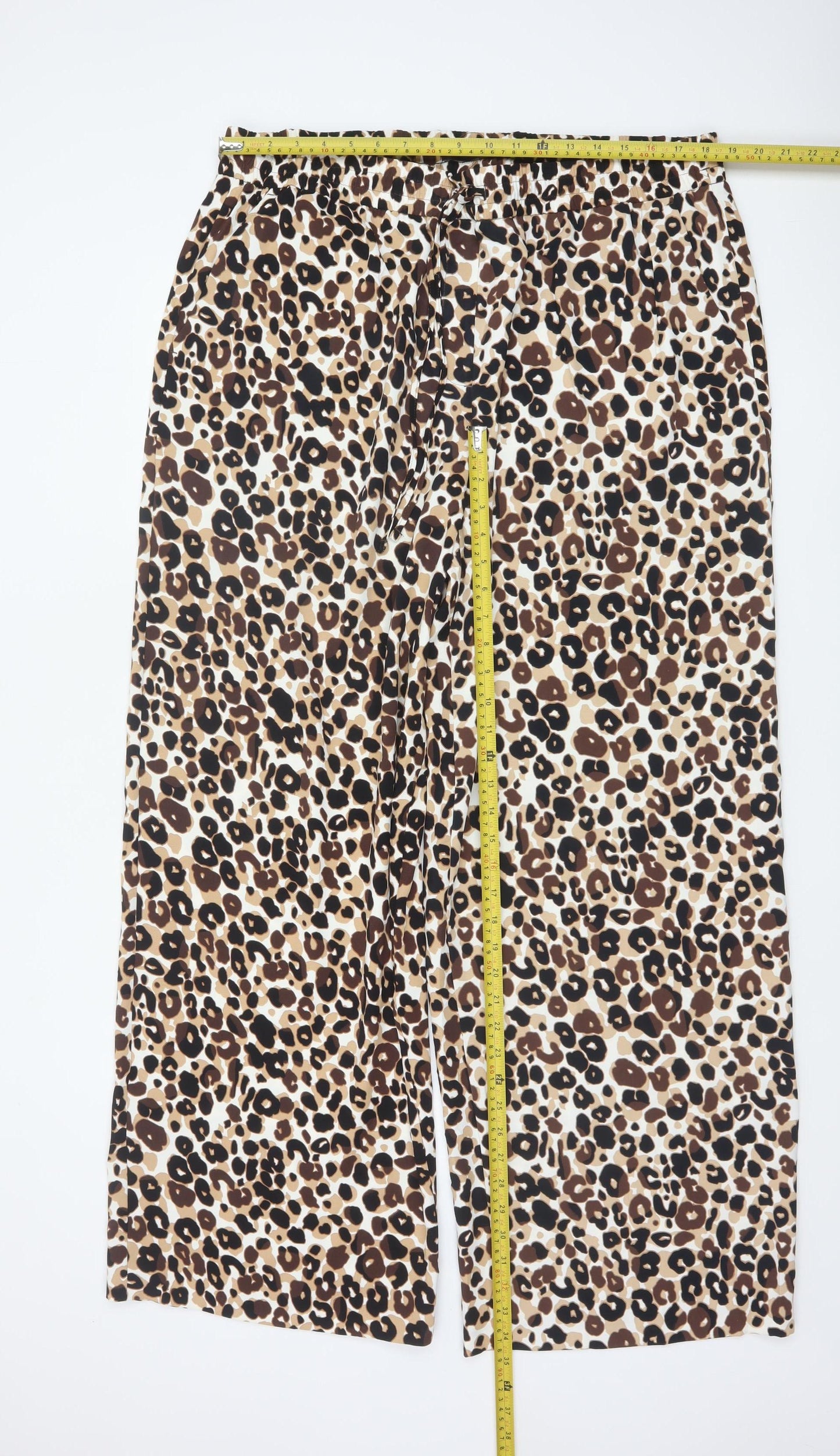 Marks and Spencer Women Beige Leopard Print Wide-Leg Trousers UK 20 Long