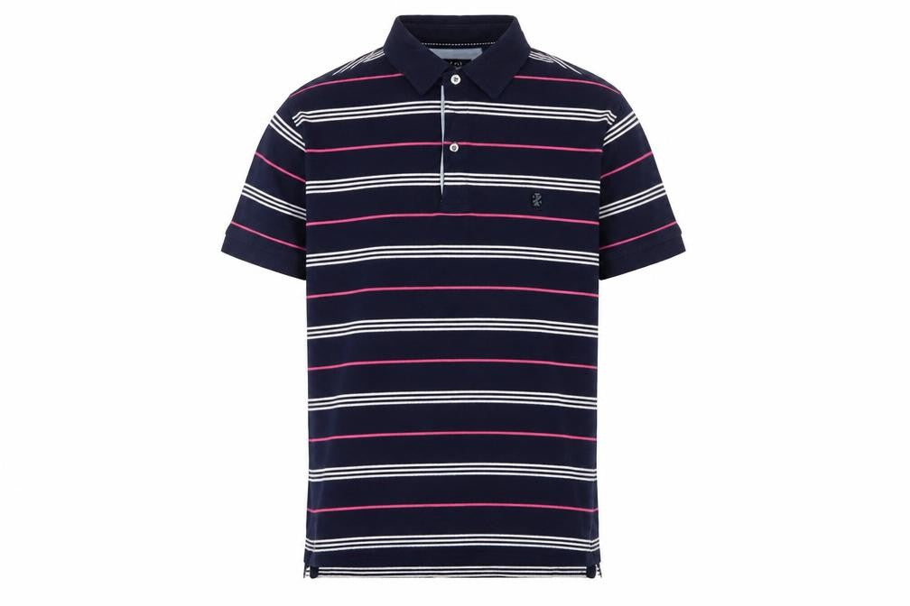 IZOD Men's Navy Pink White Striped Cotton Polo Shirt Size S Short Sleeve