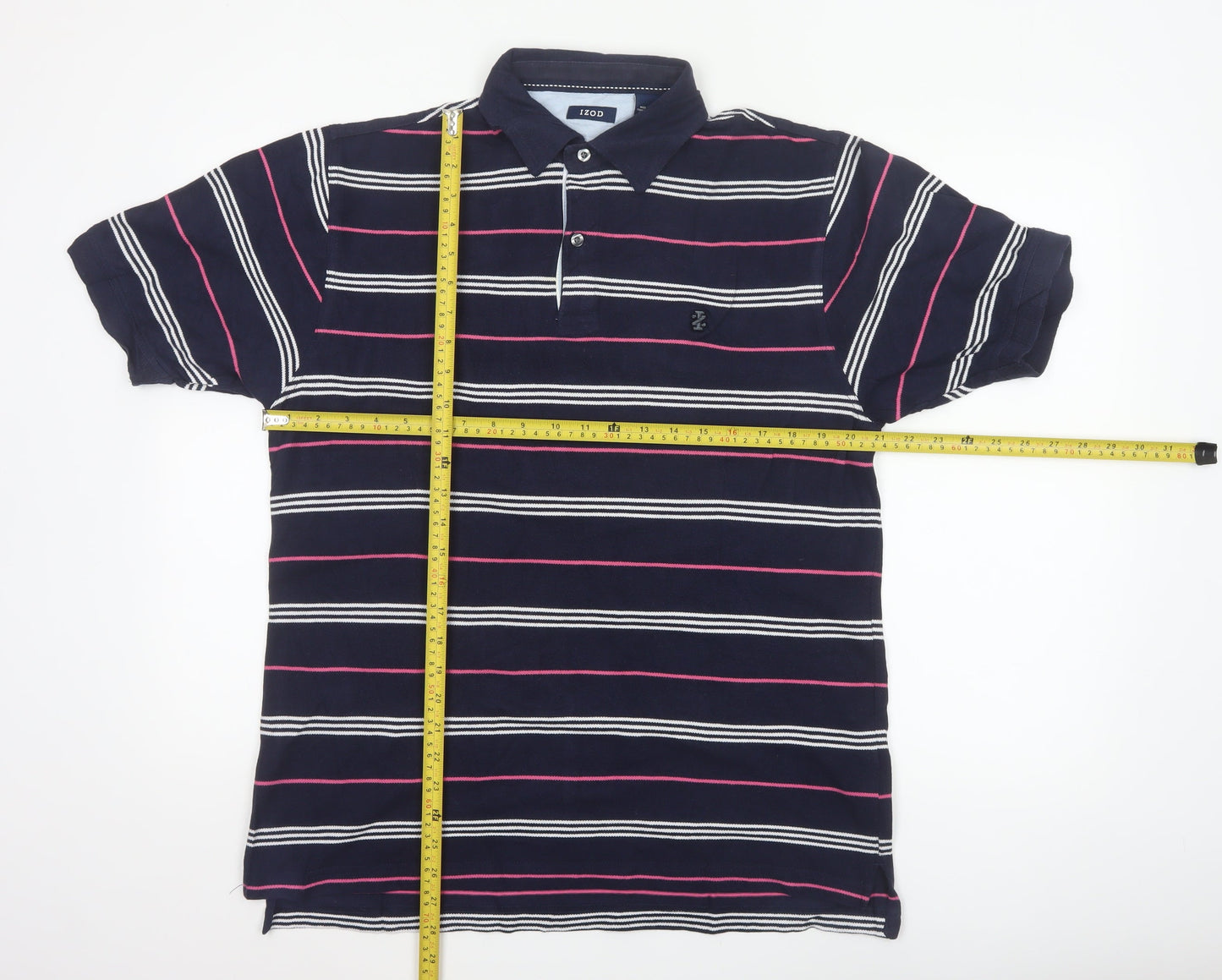 IZOD Men's Navy Pink White Striped Cotton Polo Shirt Size S Short Sleeve