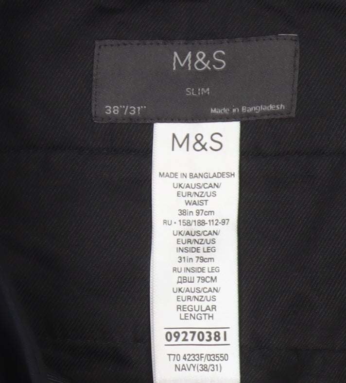 Marks & Spencer Men’s Navy 38/31 Slim Fit Dress Trousers Flat Front