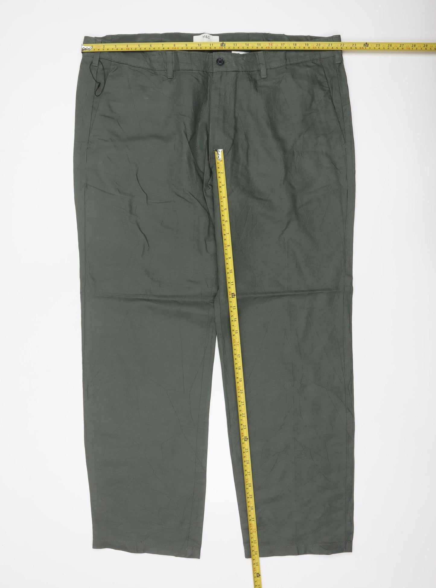 Marks & Spencer Men Green 44in 33in Linen Cotton Chino Trousers