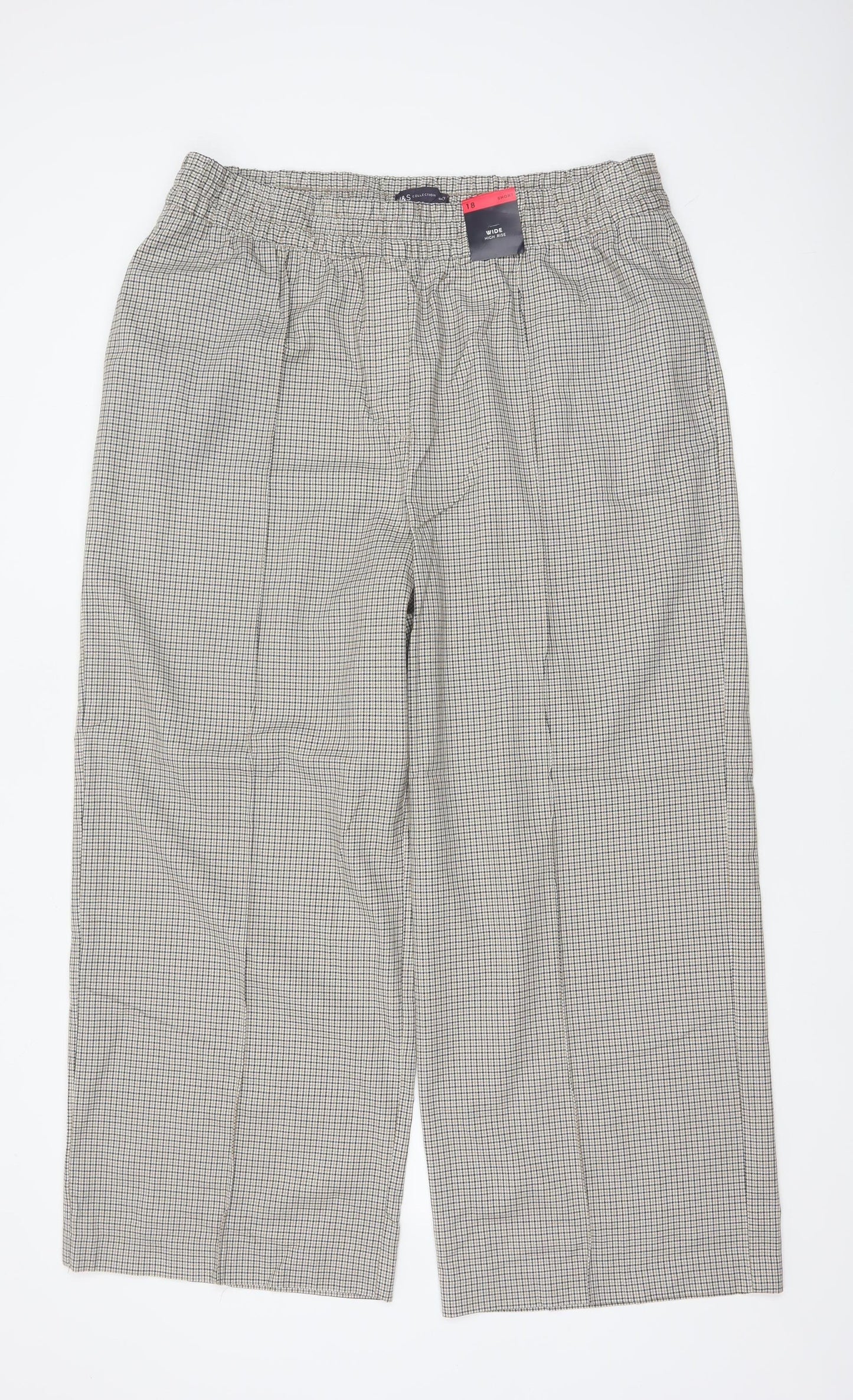 Marks and Spencer Women’s Beige Check Wide Leg High Rise Trousers UK 18 Short