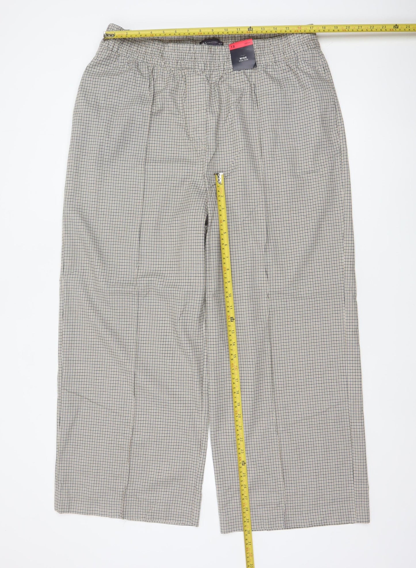 Marks and Spencer Women’s Beige Check Wide Leg High Rise Trousers UK 18 Short