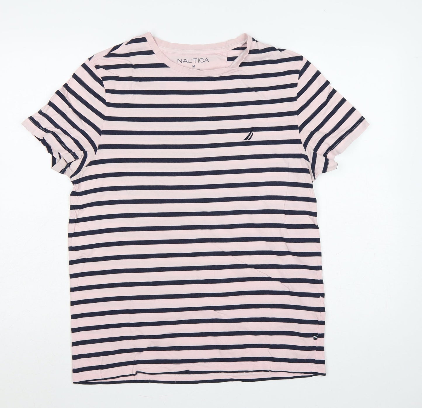 Nautica Men’s Pink Navy Striped Cotton Crew Neck T-Shirt M