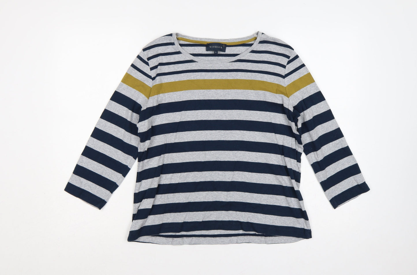 Viyella Women’s Blue Stripe Cotton Jersey Long Sleeve Basic T-Shirt L