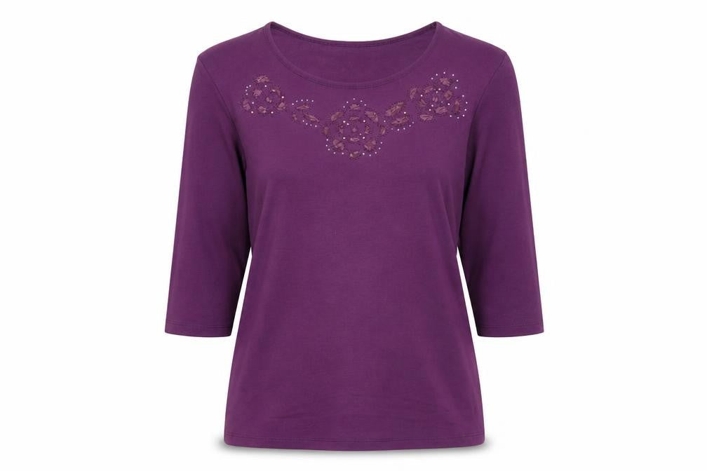 Marks and Spencer Women Purple UK 14 Embellished 3/4 Bell Sleeve Top