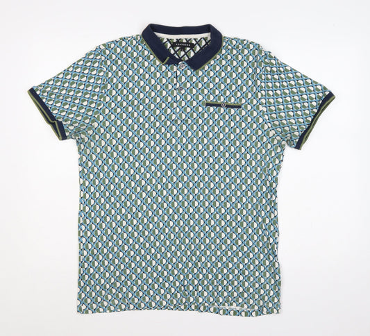 Peacocks Men’s Multicoloured Geometric Cotton Polo Shirt L Short Sleeve
