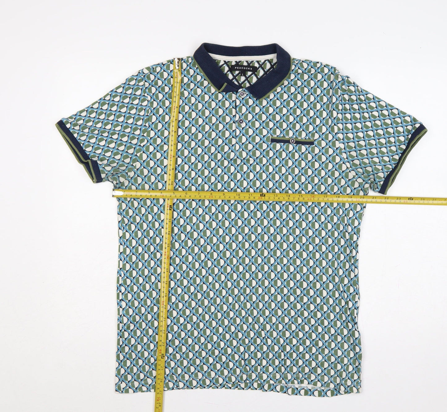 Peacocks Men’s Multicoloured Geometric Cotton Polo Shirt L Short Sleeve