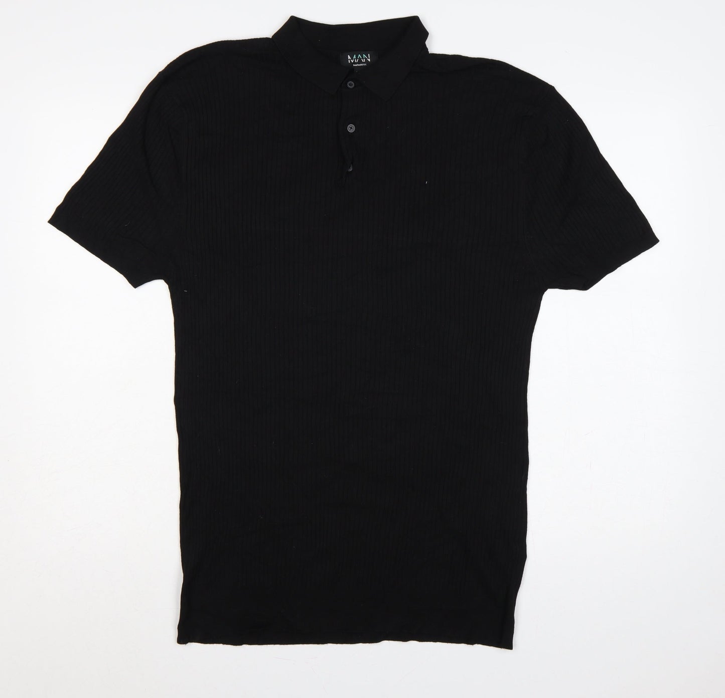 BoohooMAN Men’s Black XL Rib Knit Short Sleeve Polo Shirt