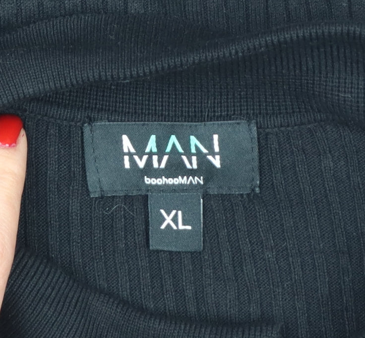 BoohooMAN Men’s Black XL Rib Knit Short Sleeve Polo Shirt