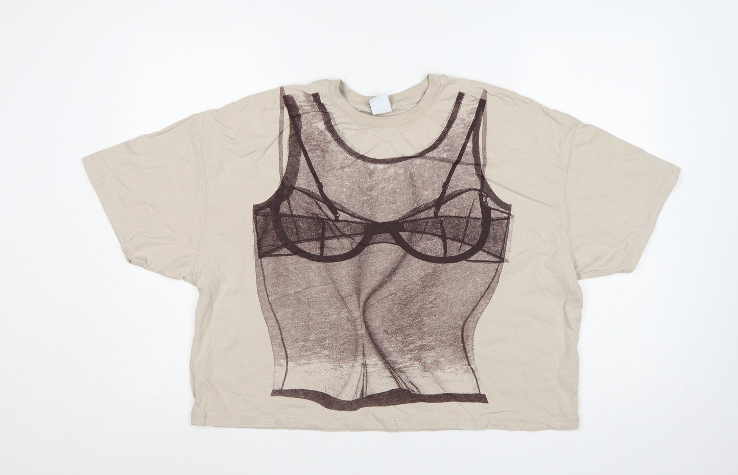 Bershka Women Beige M Cropped Corset Graphic Cotton T-Shirt
