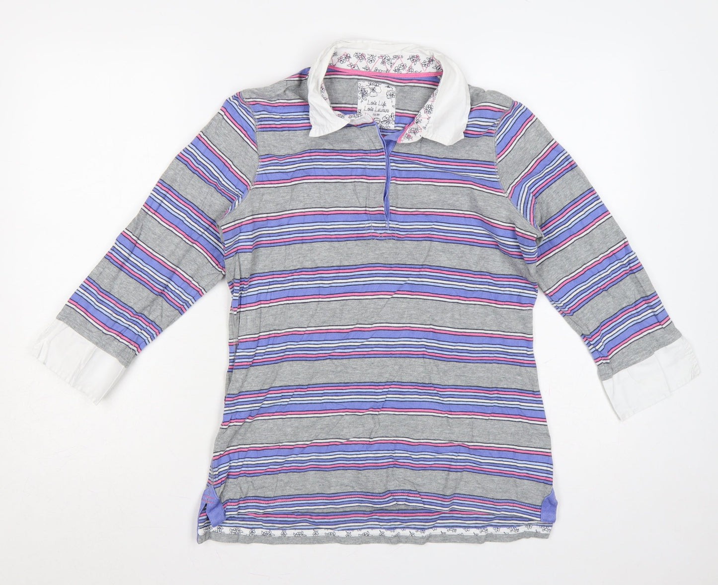 Marks and Spencer Women Multicoloured Size 12 Striped Cotton Polo Top
