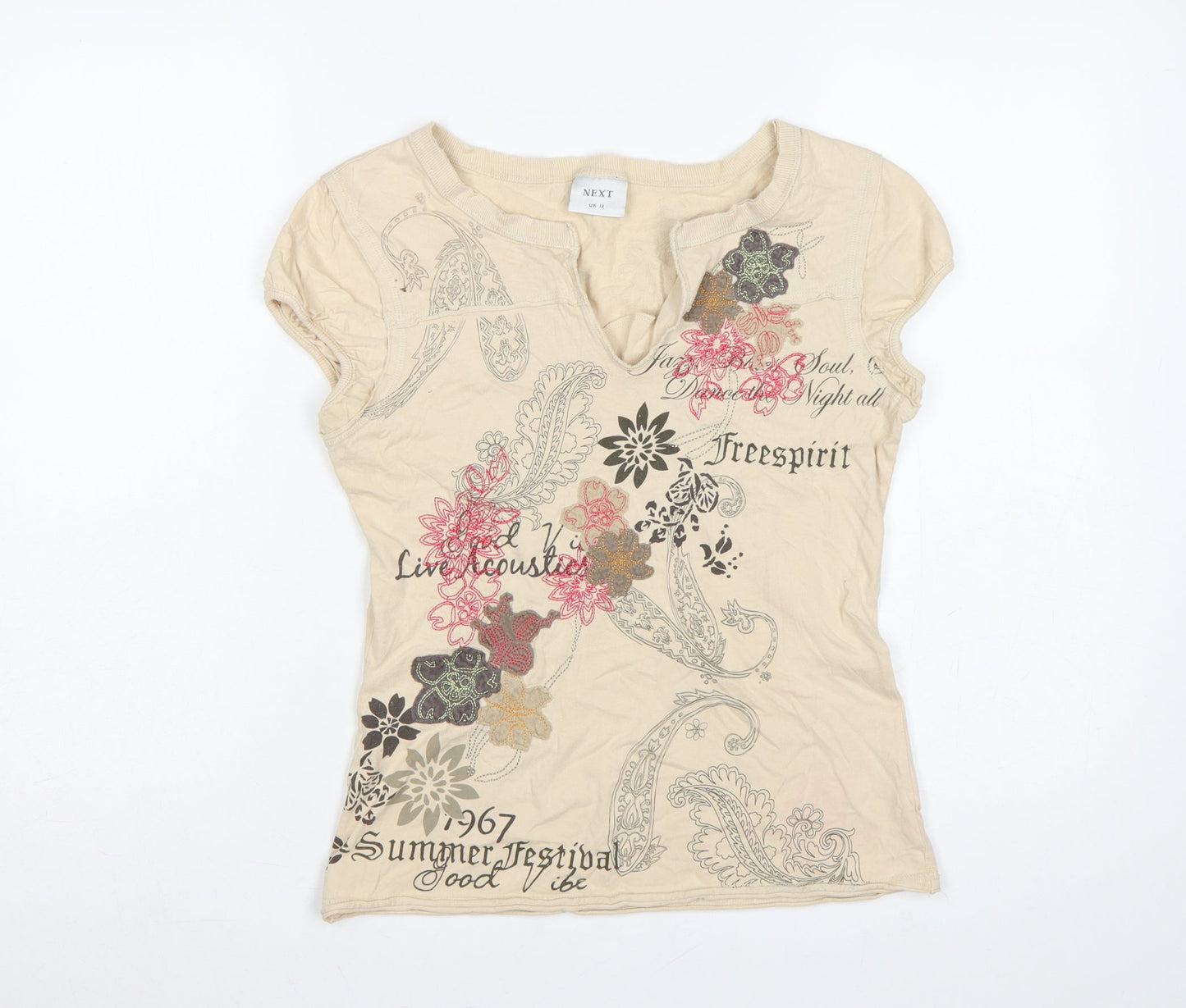 Next Women Beige UK 12 Floral Paisley Embroidered Short Sleeve T-Shirt