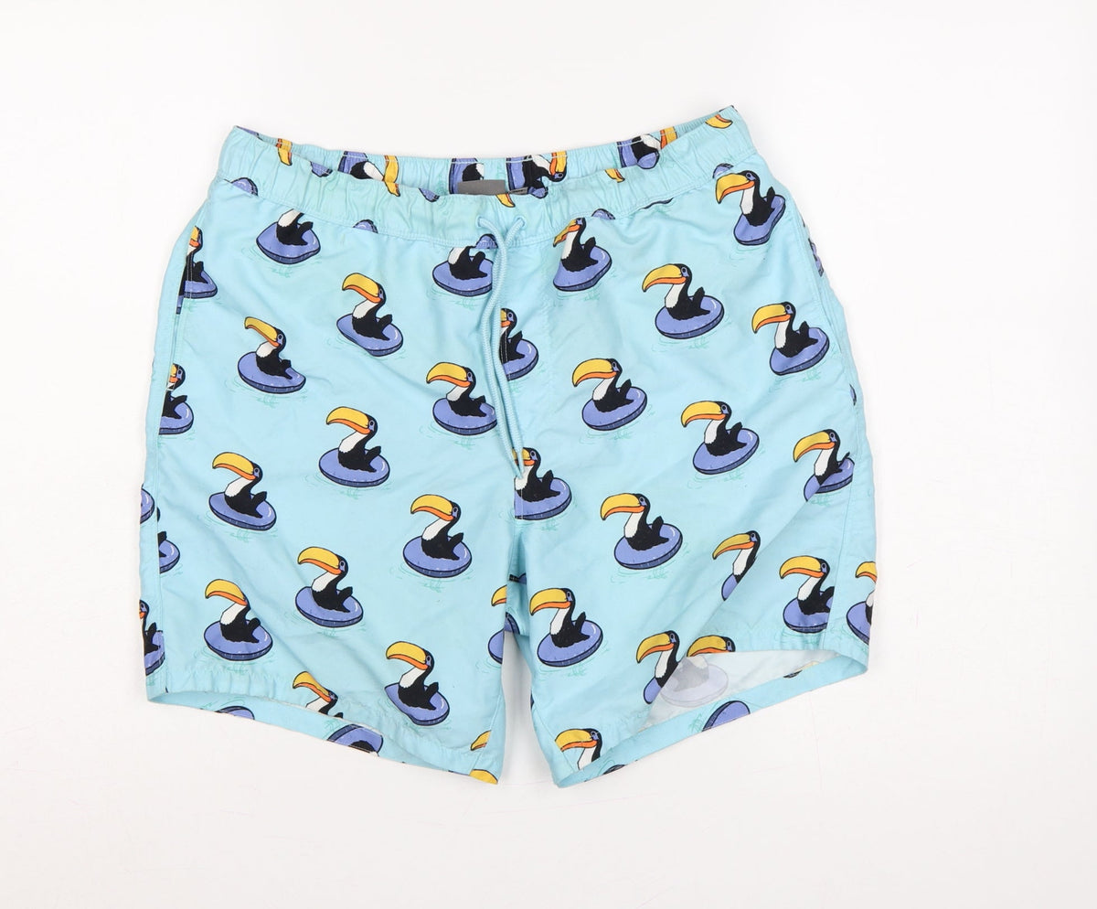 Back view of ASOS Men’s Blue M Toucan Print Drawstring Swim Shorts Mesh Lined